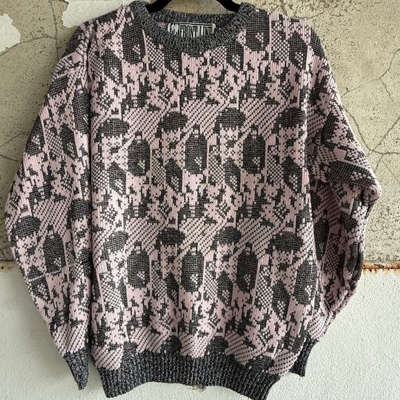 Vintage Sweater Womens L Pink Black Abstract Geometric Knit Pullover Soft Grunge - Picture 1 of 5